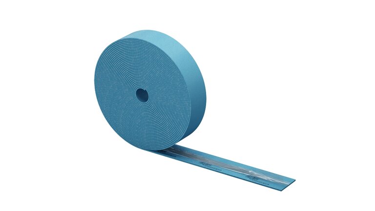 Blaue Schaumstoffrolle mit Klebestreifen.